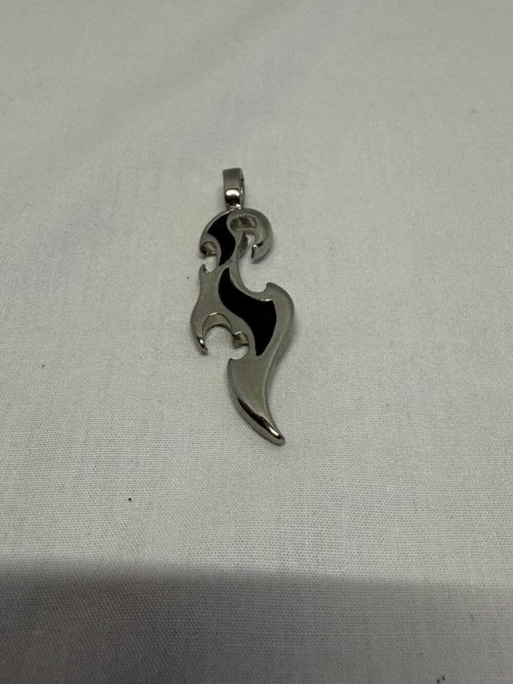 Y2K Cyber Tribal Flame Pendant Silver & Black Curved Wave Charm